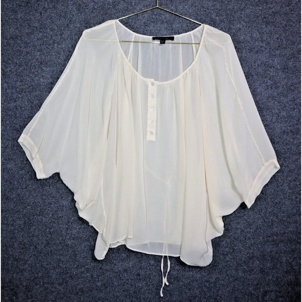 Lafayette 148 Shirt Women M/L Beige Cream Silk 1/4 Button Batwing Sheer Top EUC‎